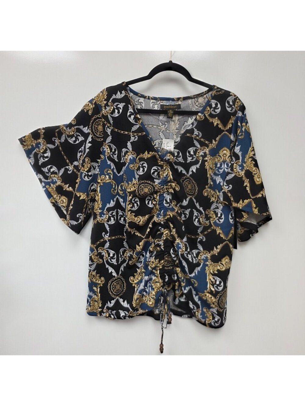 Goddess Shirt Womens 3X Black Blue Baroque V Neck Drawstring Kimono Tunic Top